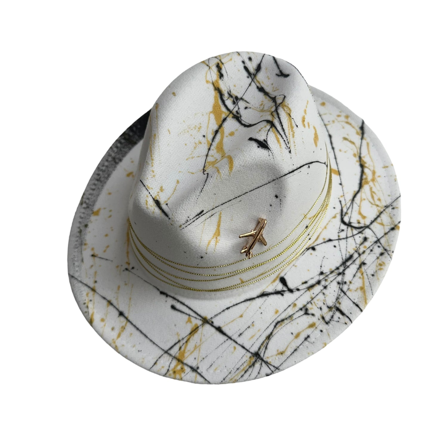 Palarie Fedora, alba, handmade, pictata manual, reglabila, Travel