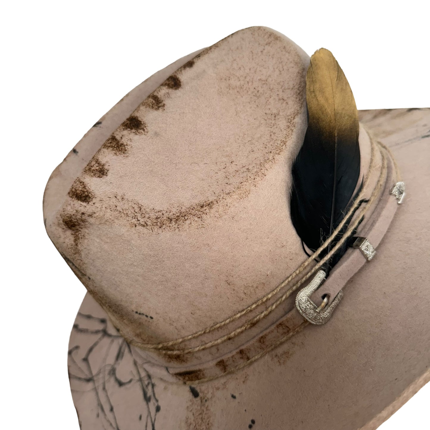 Palarie Fedora, bej, stil cowboy, handmade, pictata manual, reglabila, Sisko