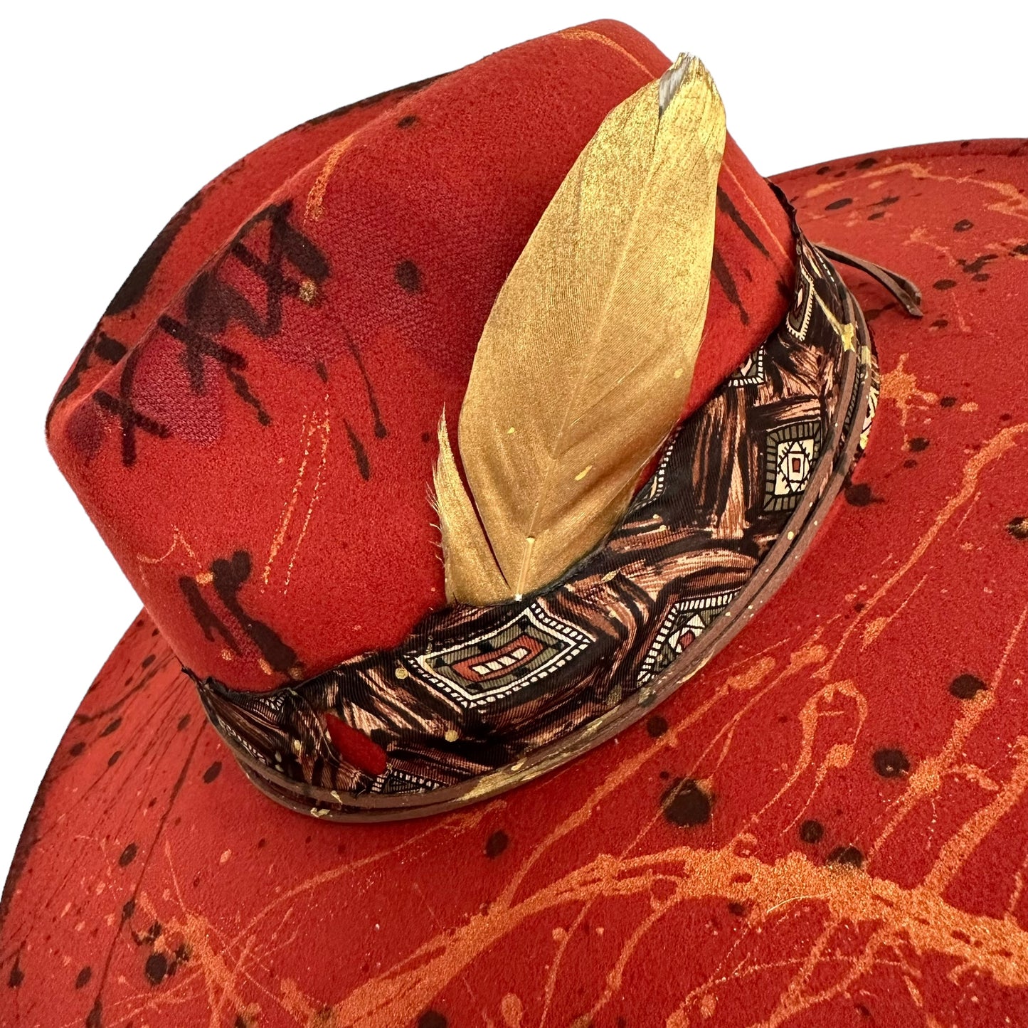 Palarie Fedora, caramizie, cu bor lat, handmade, pictata manual, reglabila, Sisell