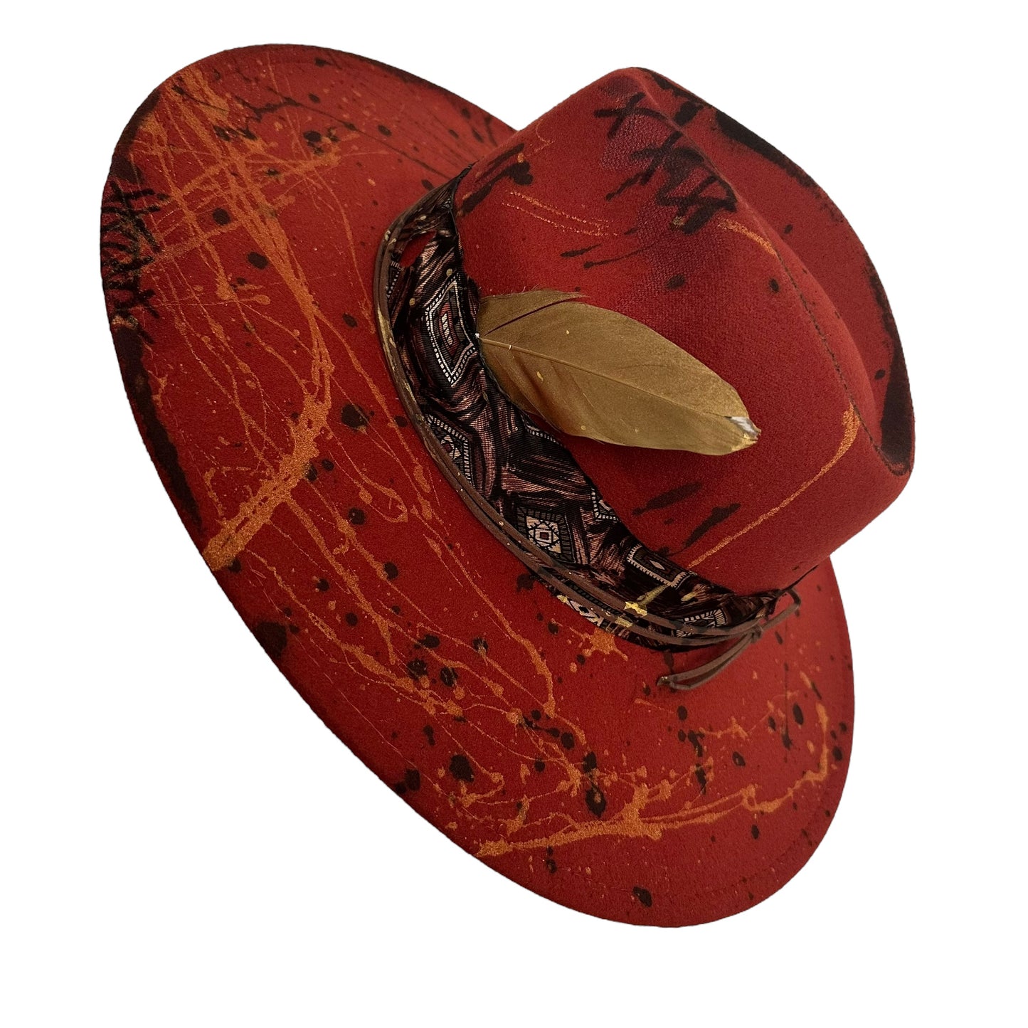 Palarie Fedora, caramizie, cu bor lat, handmade, pictata manual, reglabila, Sisell