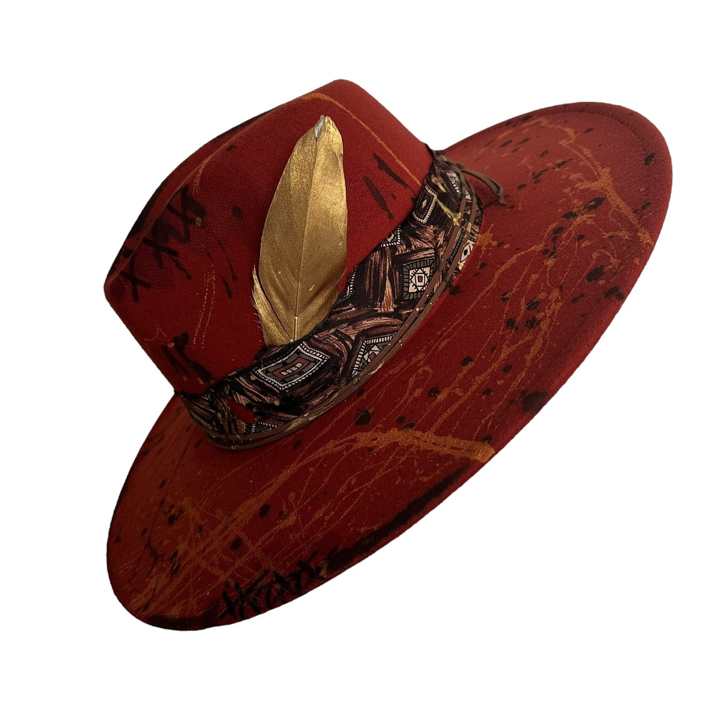 Palarie Fedora, caramizie, cu bor lat, handmade, pictata manual, reglabila, Sisell