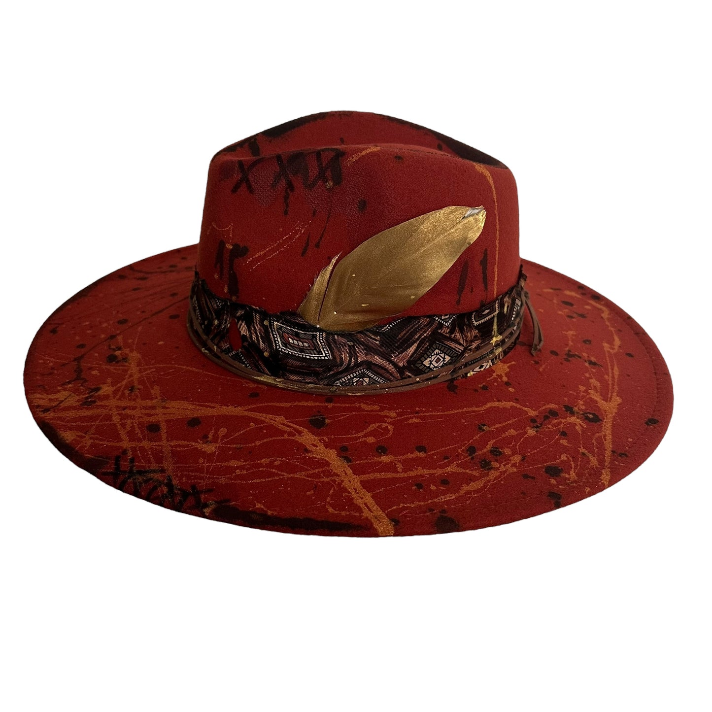 Palarie Fedora, caramizie, cu bor lat, handmade, pictata manual, reglabila, Sisell