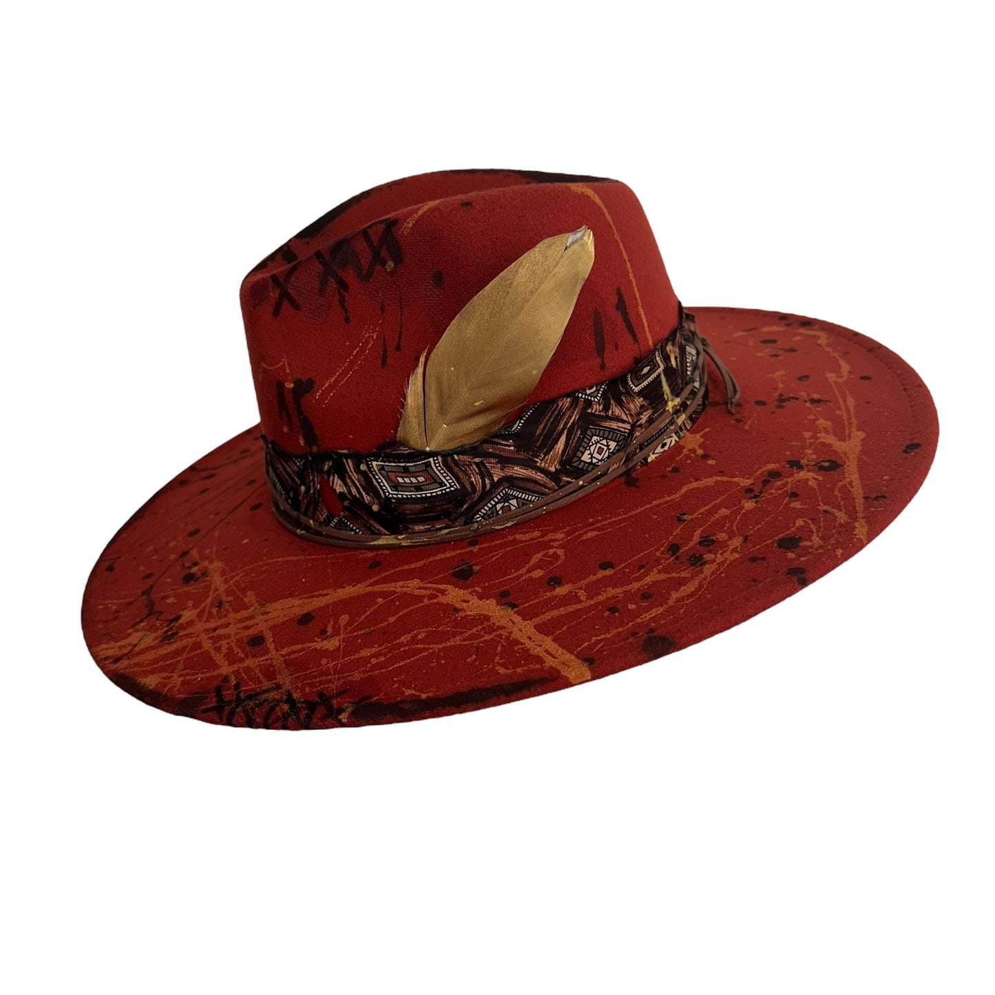 Palarie Fedora, caramizie, cu bor lat, handmade, pictata manual, reglabila, Sisell