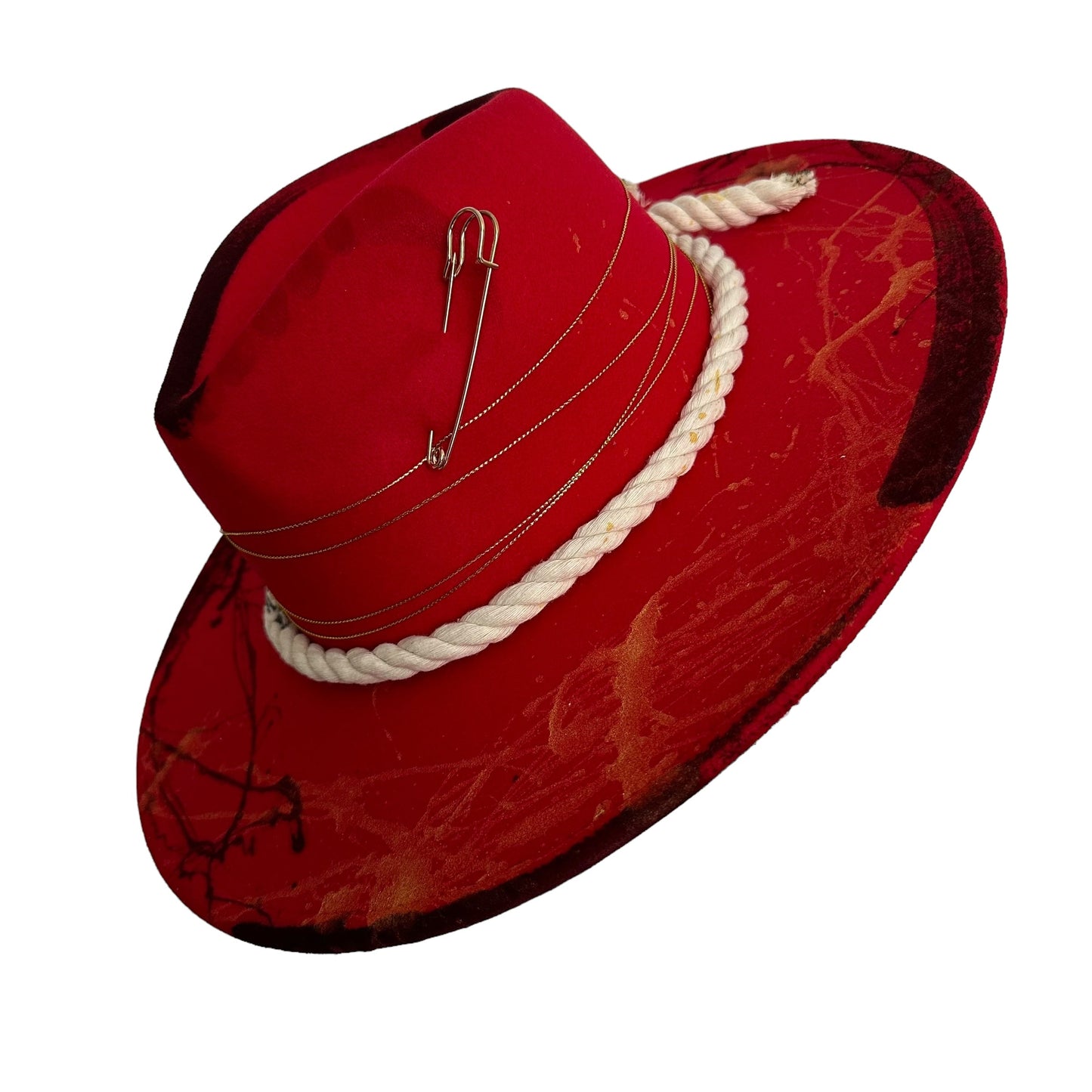 Palarie Fedora, rosie, cu bor lat, handmade, pictata manual, reglabila, Sinna