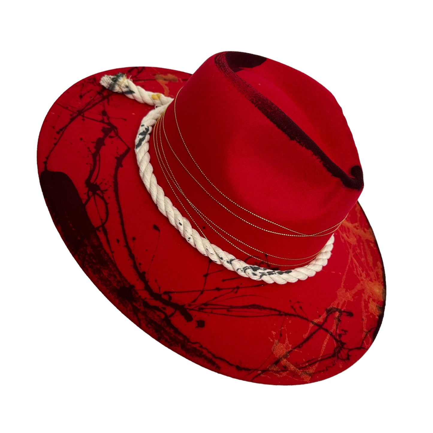 Palarie Fedora, rosie, cu bor lat, handmade, pictata manual, reglabila, Sinna