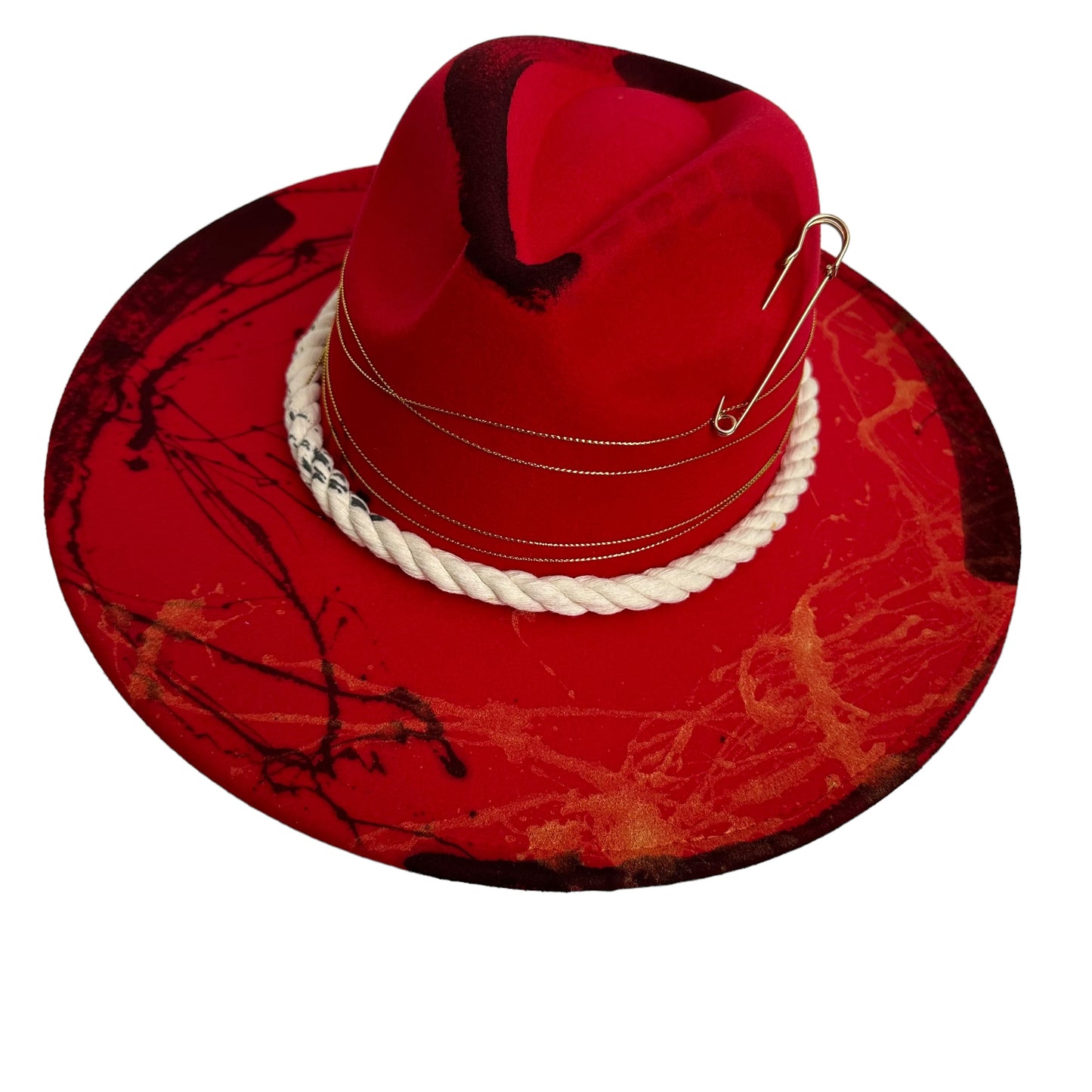 Palarie Fedora, rosie, cu bor lat, handmade, pictata manual, reglabila, Sinna
