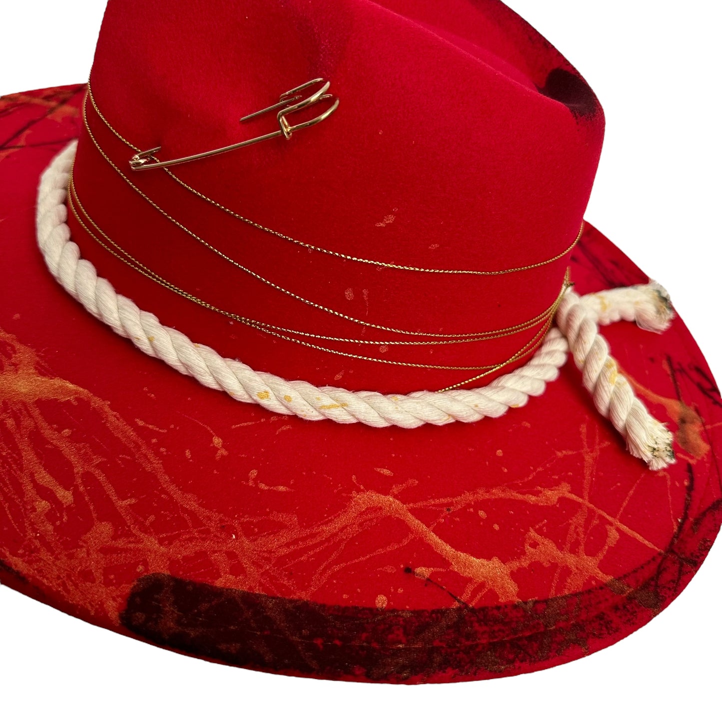Palarie Fedora, rosie, cu bor lat, handmade, pictata manual, reglabila, Sinna