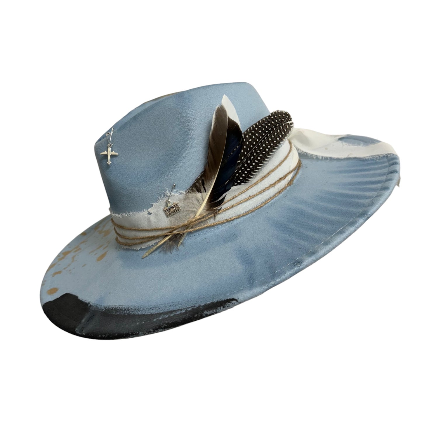 Palarie bleu, cu bor lat, handmade, pictata si accesorizata manual, reglabila, One of a Kind