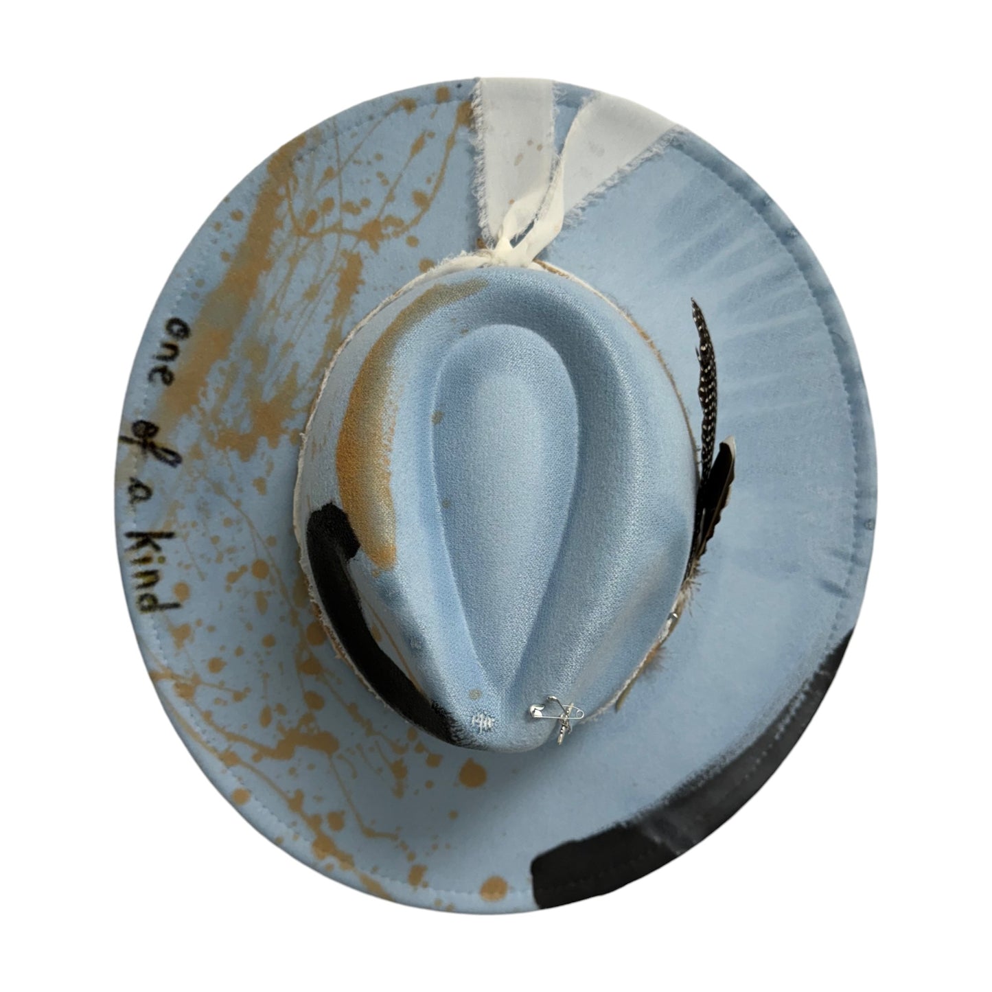 Palarie bleu, cu bor lat, handmade, pictata si accesorizata manual, reglabila, One of a Kind