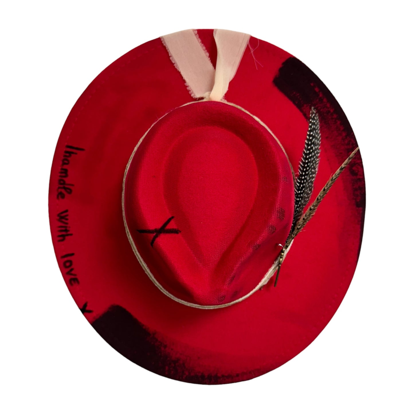Palarie rosie, cu bor lat, handmade, pictata si accesorizata manual, reglabila, Suzie