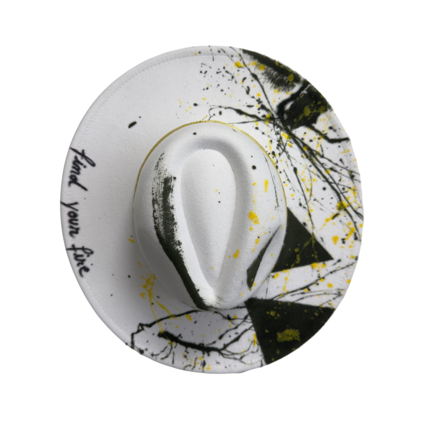 Palarie alba, cu bor lat, handmade, pictata si accesorizata manual, Find your Fire