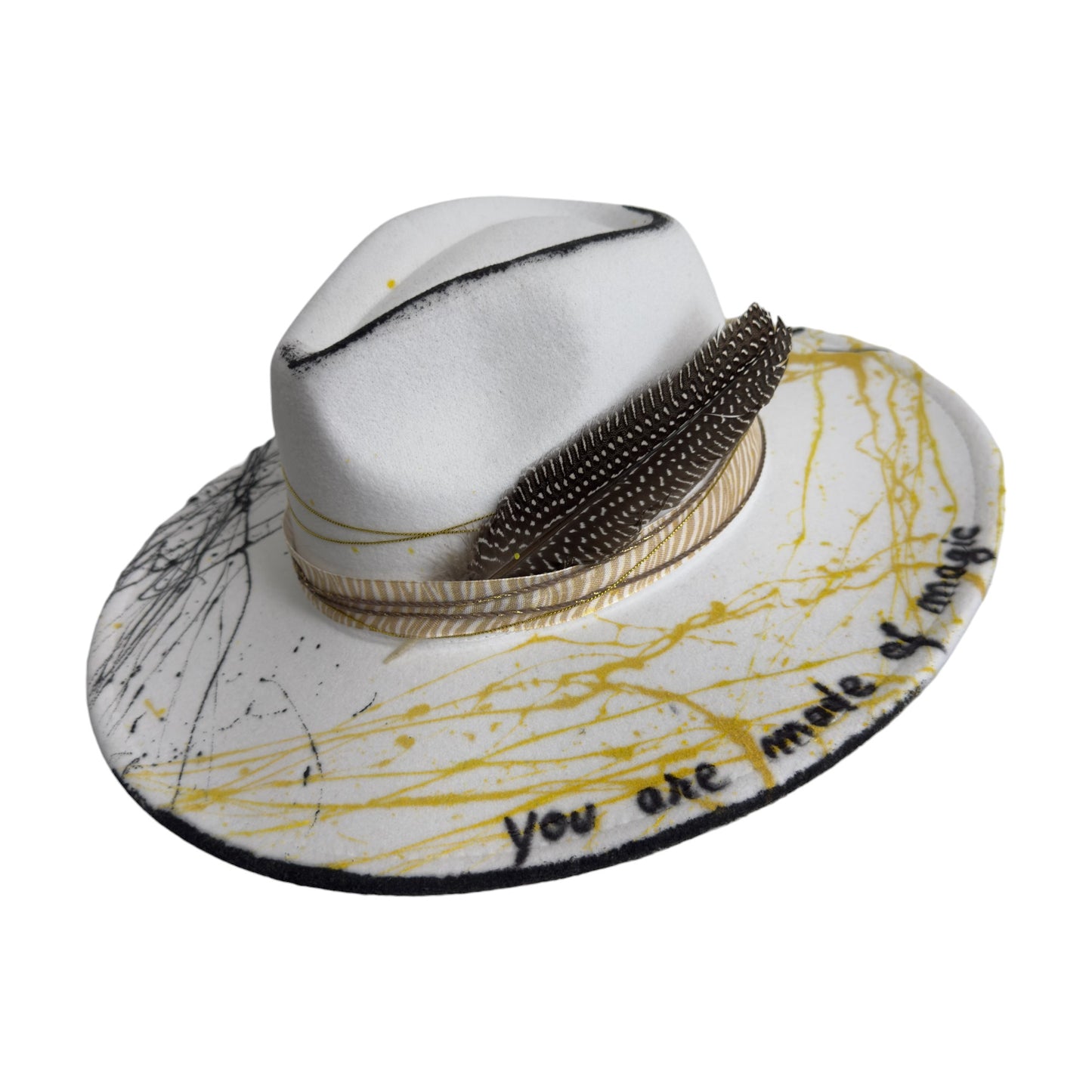 Palarie alba, cu bor lat, handmade, pictata si accesorizata manual, You are made of Magic