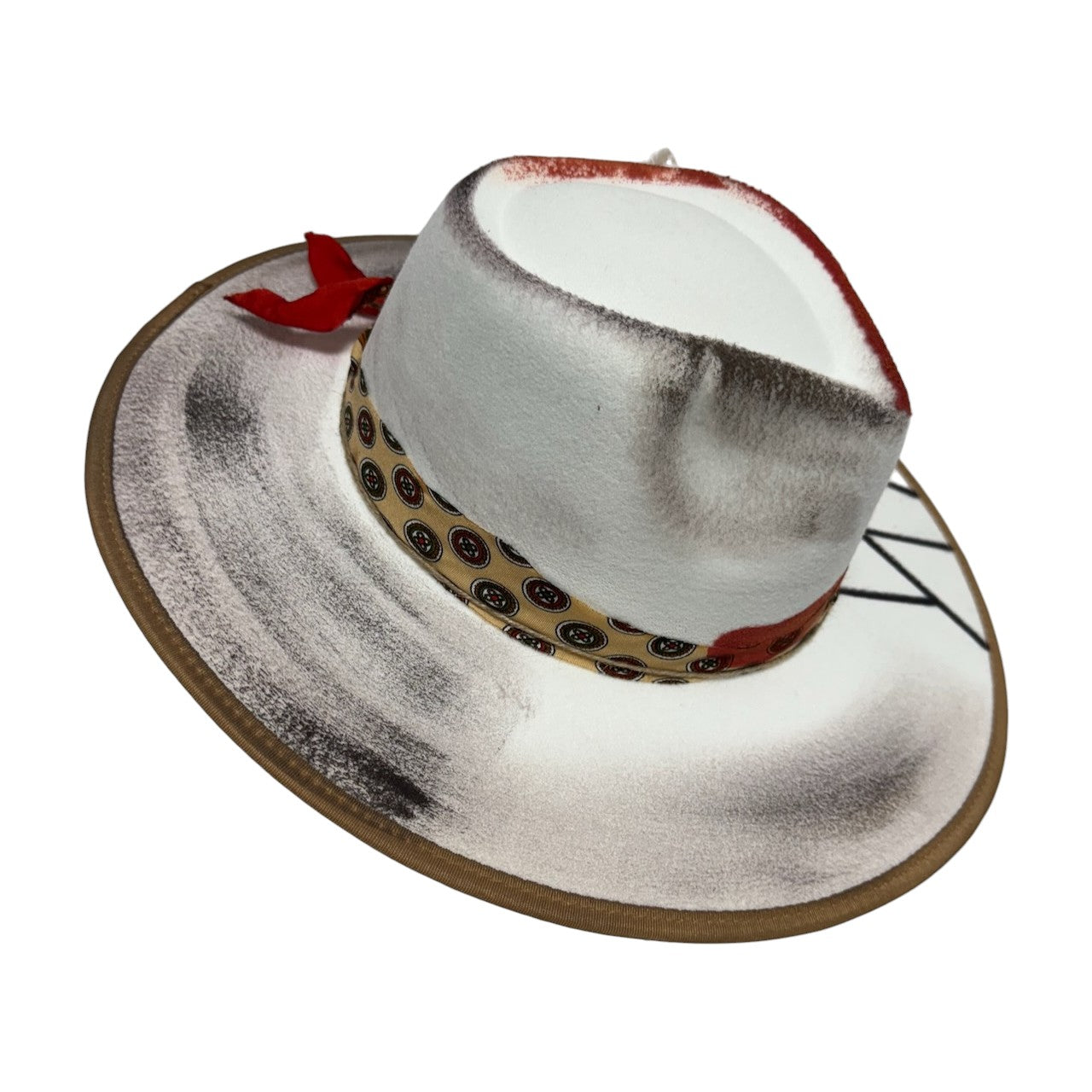 Palarie alba, cu bor lat, handmade, pictata si accesorizata manual, reglabila, Susan