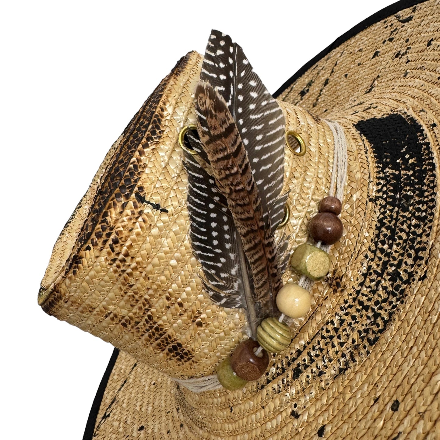 Palarie bej, cu bor mare, de paie, handmade, pictata si accesorizata manual, Bali