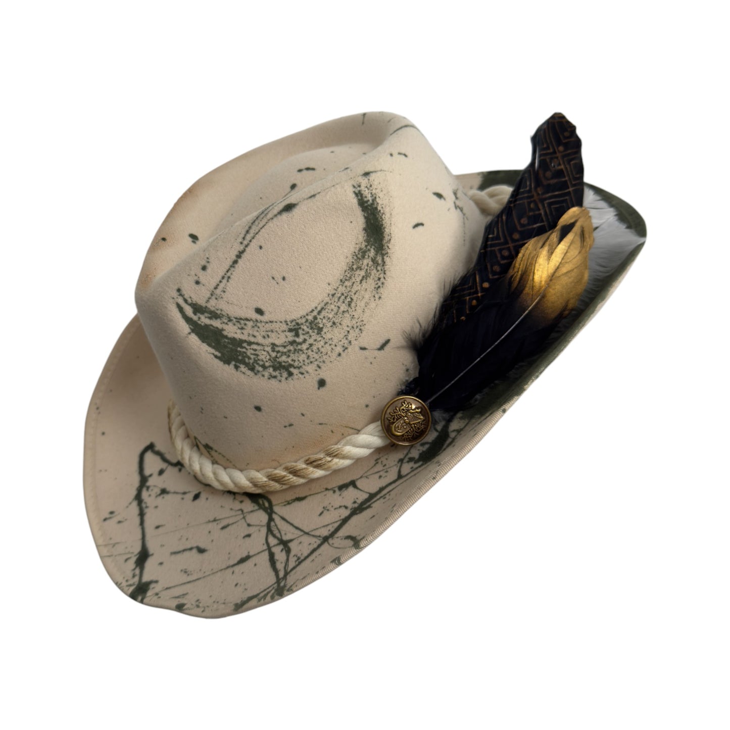 Palarie bej, stil cowboy, handmade, pictata si accesorizata manual, Rusted