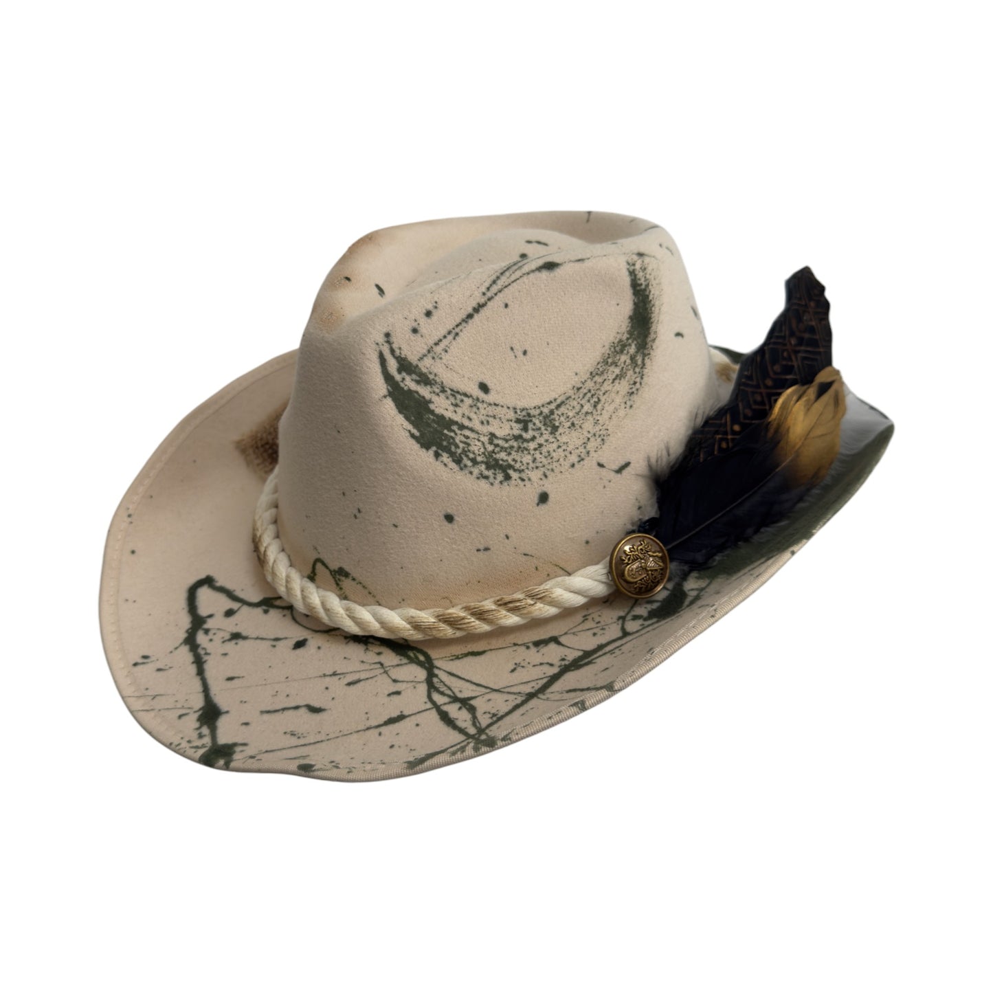 Palarie bej, stil cowboy, handmade, pictata si accesorizata manual, Rusted