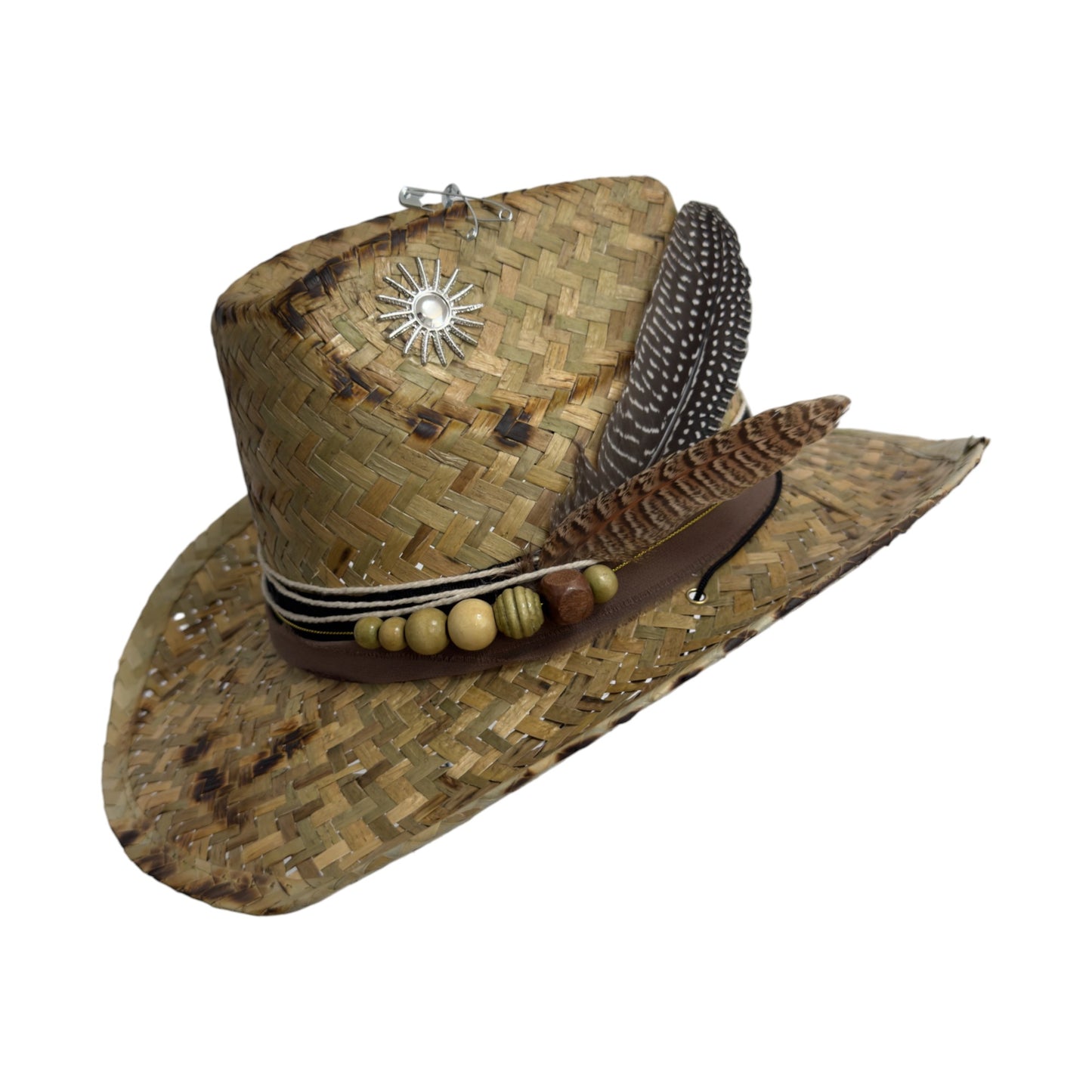 Palarie maro, stil cowboy, de paie, handmade, accesorizata manual, Ibiza