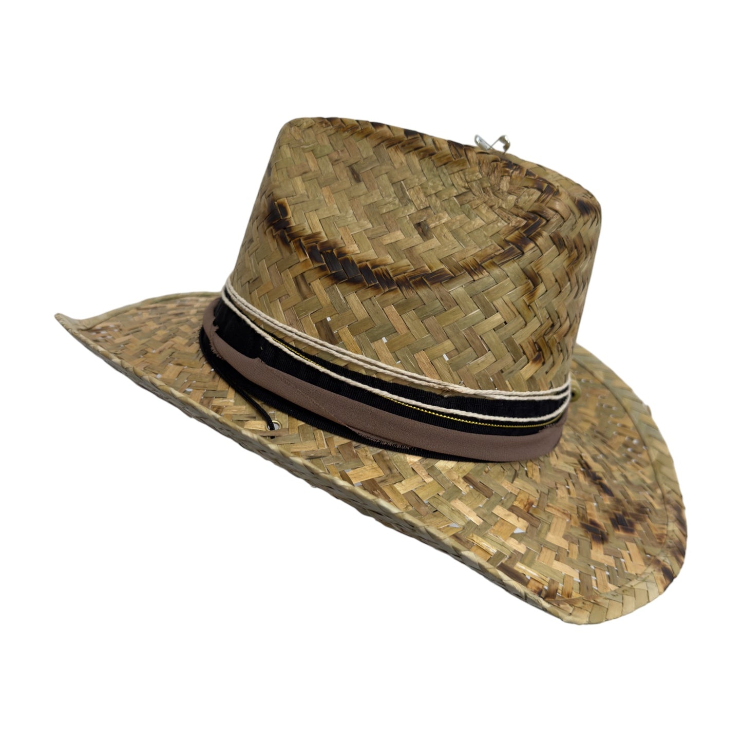Palarie maro, stil cowboy, de paie, handmade, accesorizata manual, Ibiza