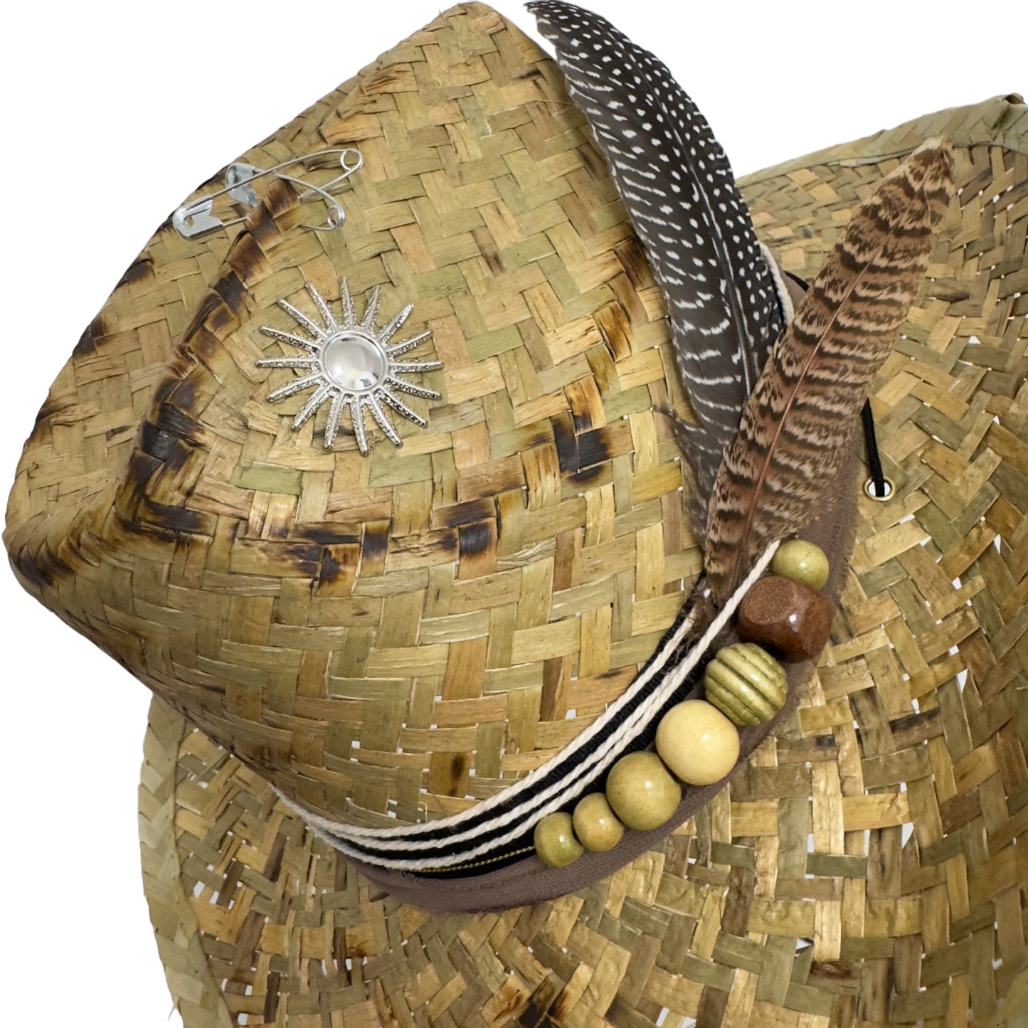 Palarie maro, stil cowboy, de paie, handmade, accesorizata manual, Ibiza