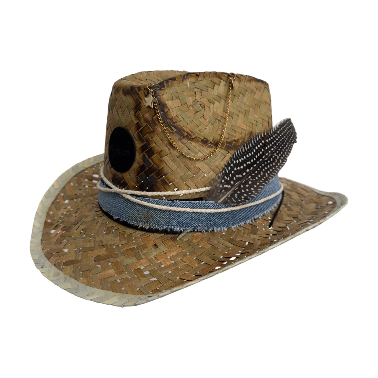 Palarie maro, stil cowboy, de paie, handmade, accesorizata manual, Mykonos
