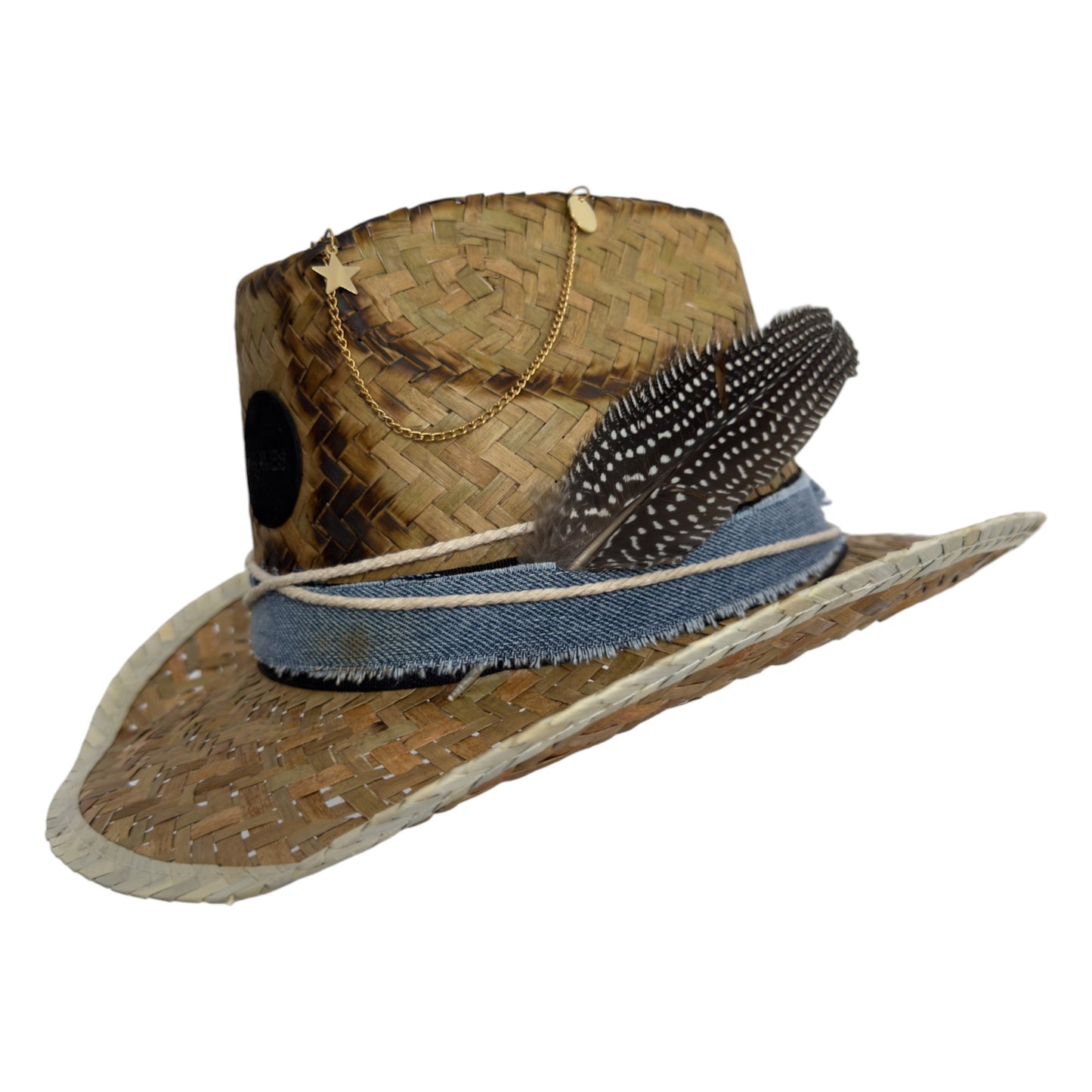 Palarie maro, stil cowboy, de paie, handmade, accesorizata manual, Mykonos
