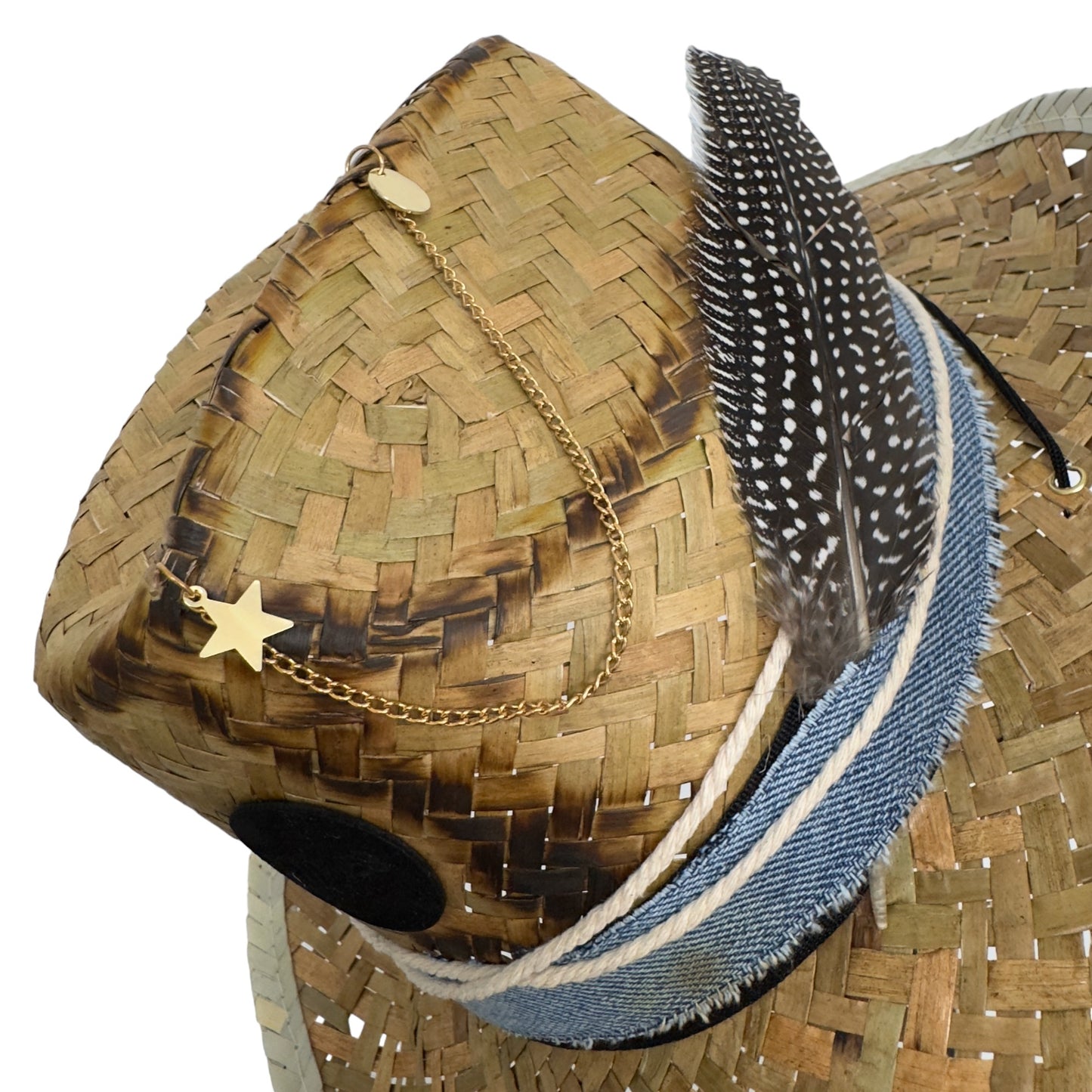 Palarie maro, stil cowboy, de paie, handmade, accesorizata manual, Mykonos