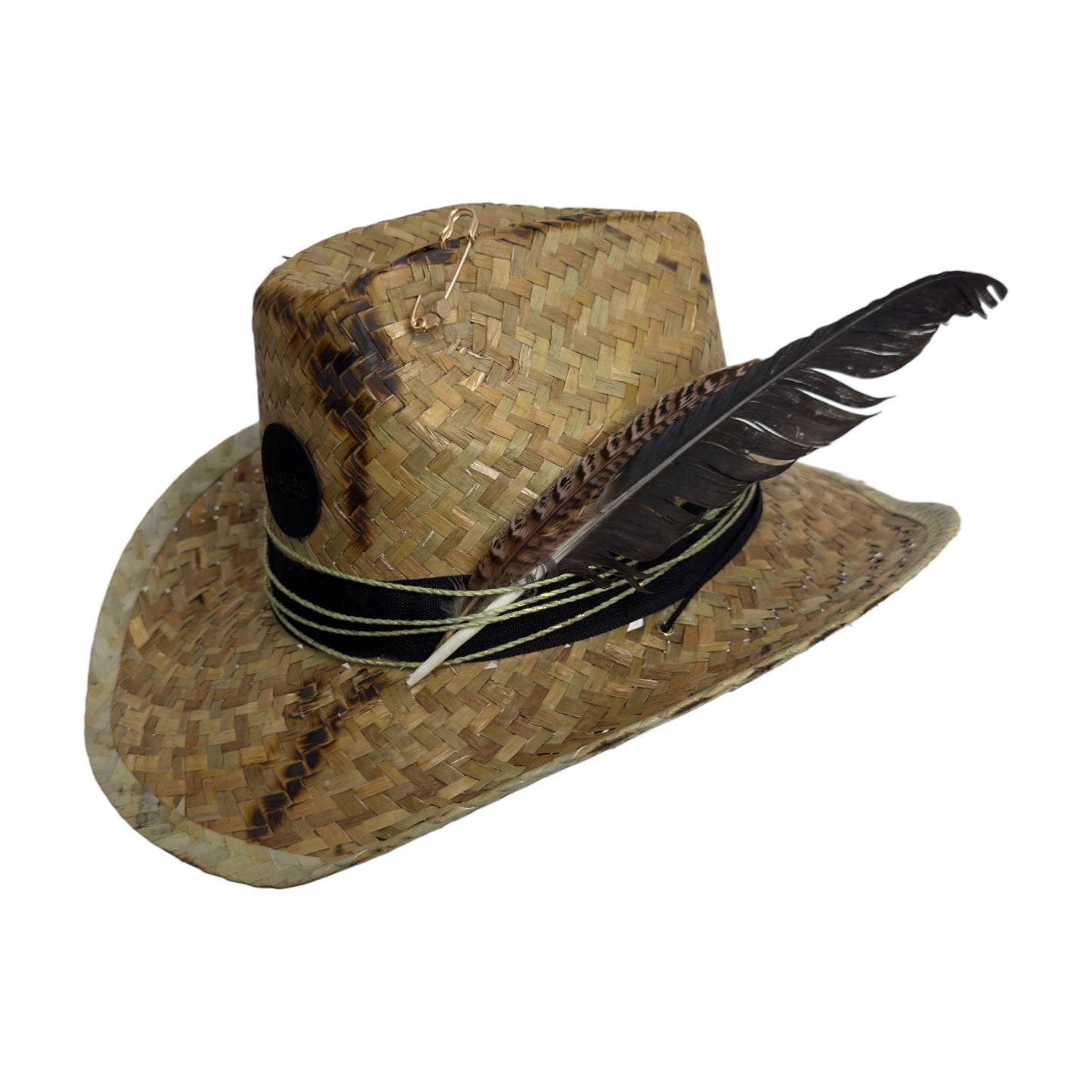 Palarie maro, stil cowboy, de paie, handmade, accesorizata manual, Waves