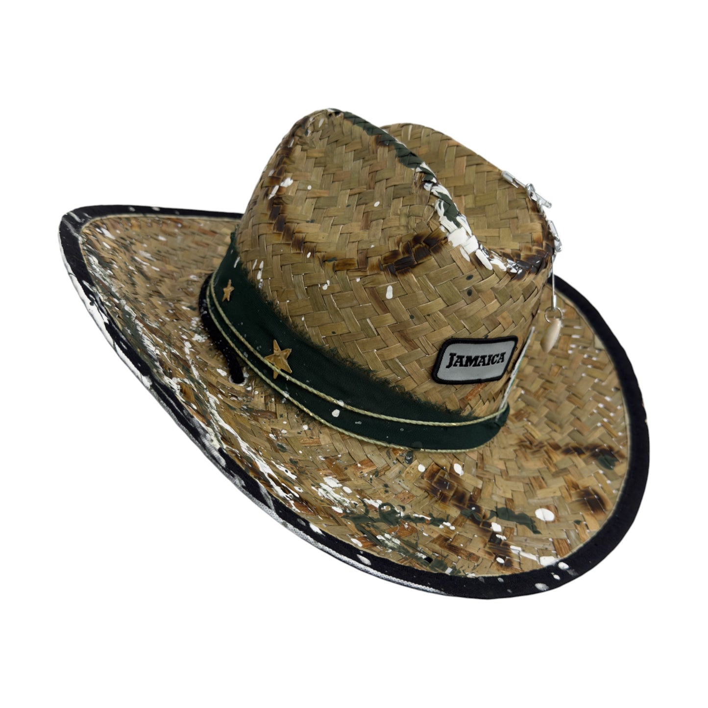 Palarie maro, stil cowboy, de paie, handmade, pictata si accesorizata manual, Jamaica