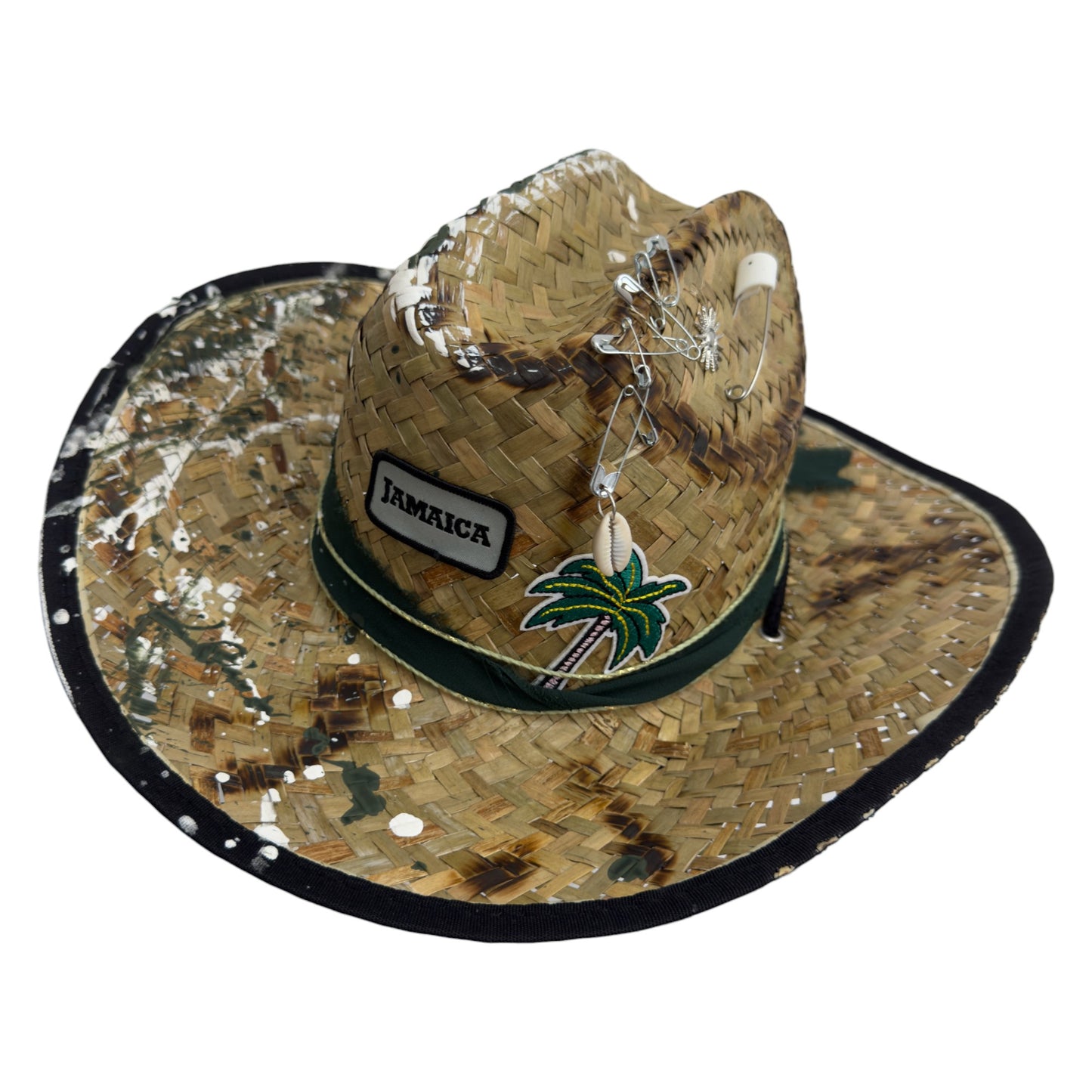 Palarie maro, stil cowboy, de paie, handmade, pictata si accesorizata manual, Jamaica