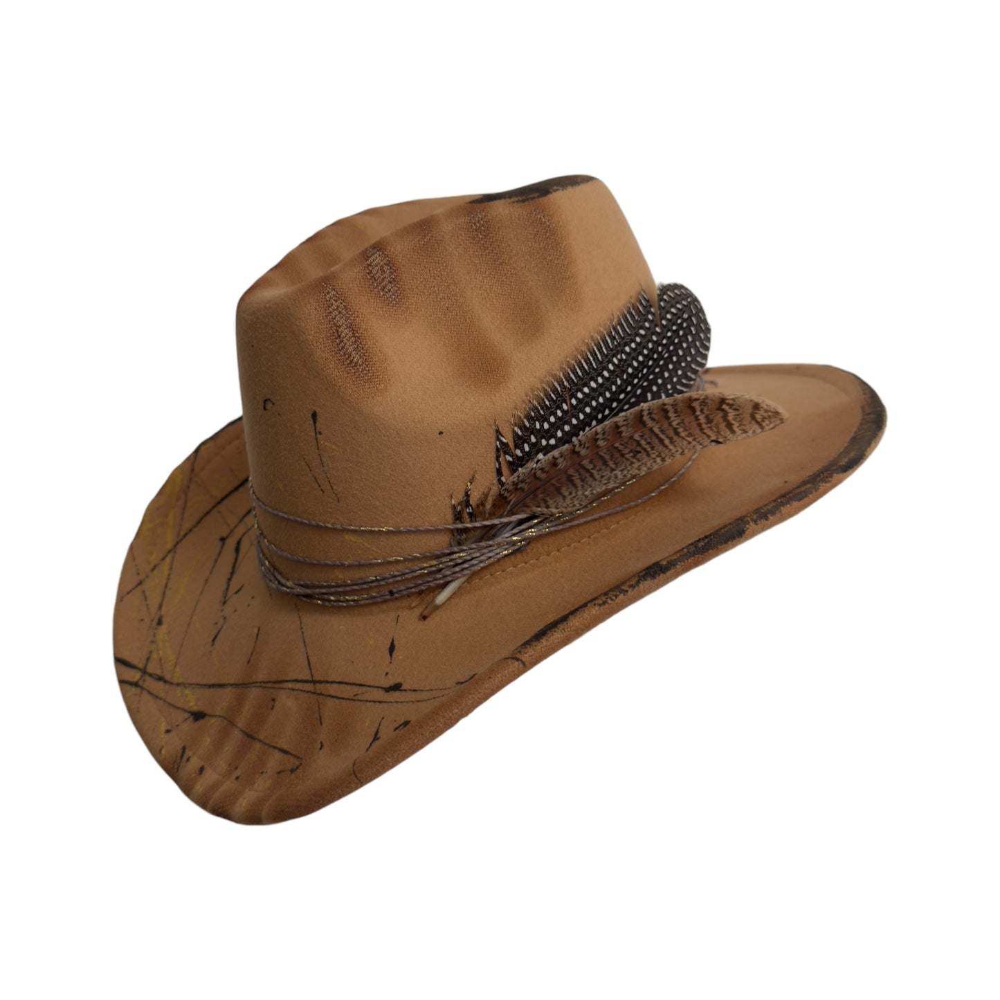 Palarie maro, stil cowboy, handmade, pictata si accesorizata manual, Burned Gold