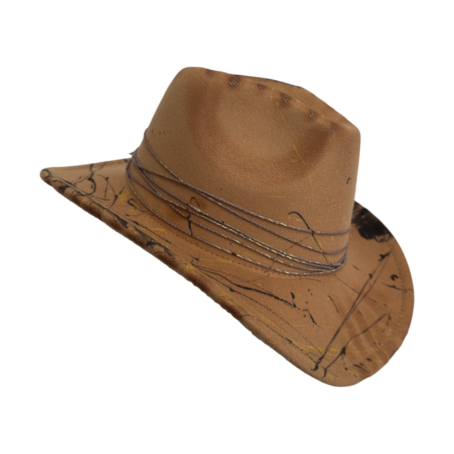 Palarie maro, stil cowboy, handmade, pictata si accesorizata manual, Burned Gold