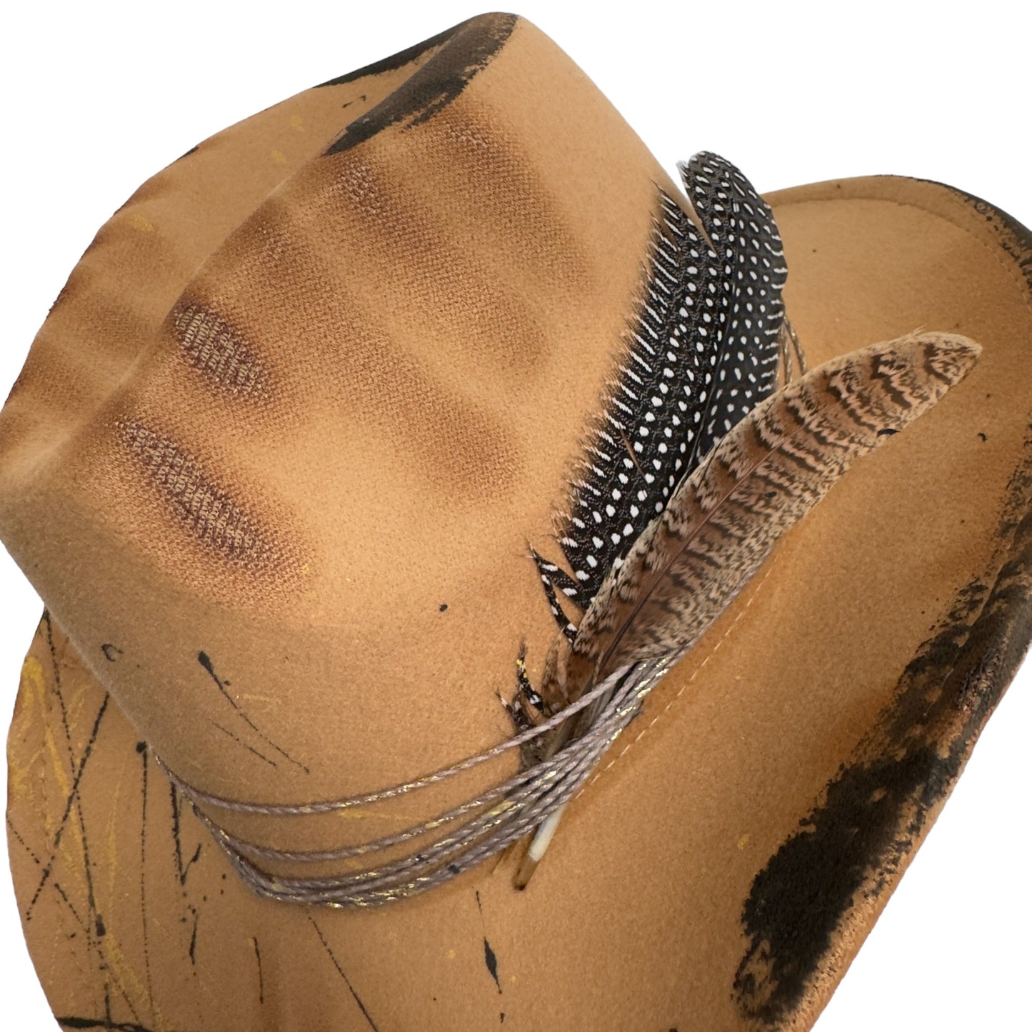 Palarie maro, stil cowboy, handmade, pictata si accesorizata manual, Burned Gold
