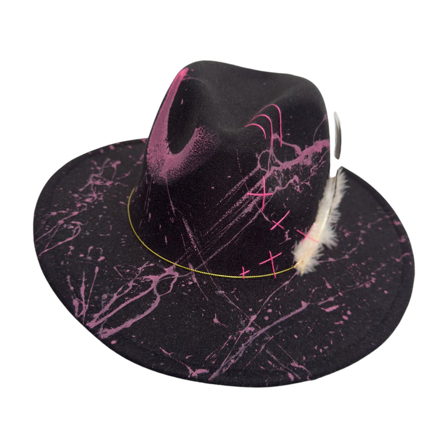 Palarie neagra, cu bor lat, handmade, pictata si accesorizata manual, Pink Fever