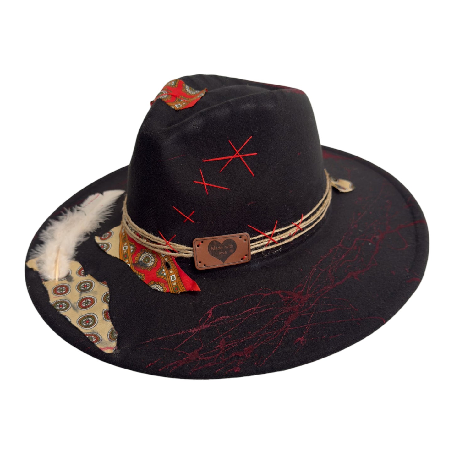Palarie neagra, cu bor lat, handmade, pictata si accesorizata manual, Red Touch