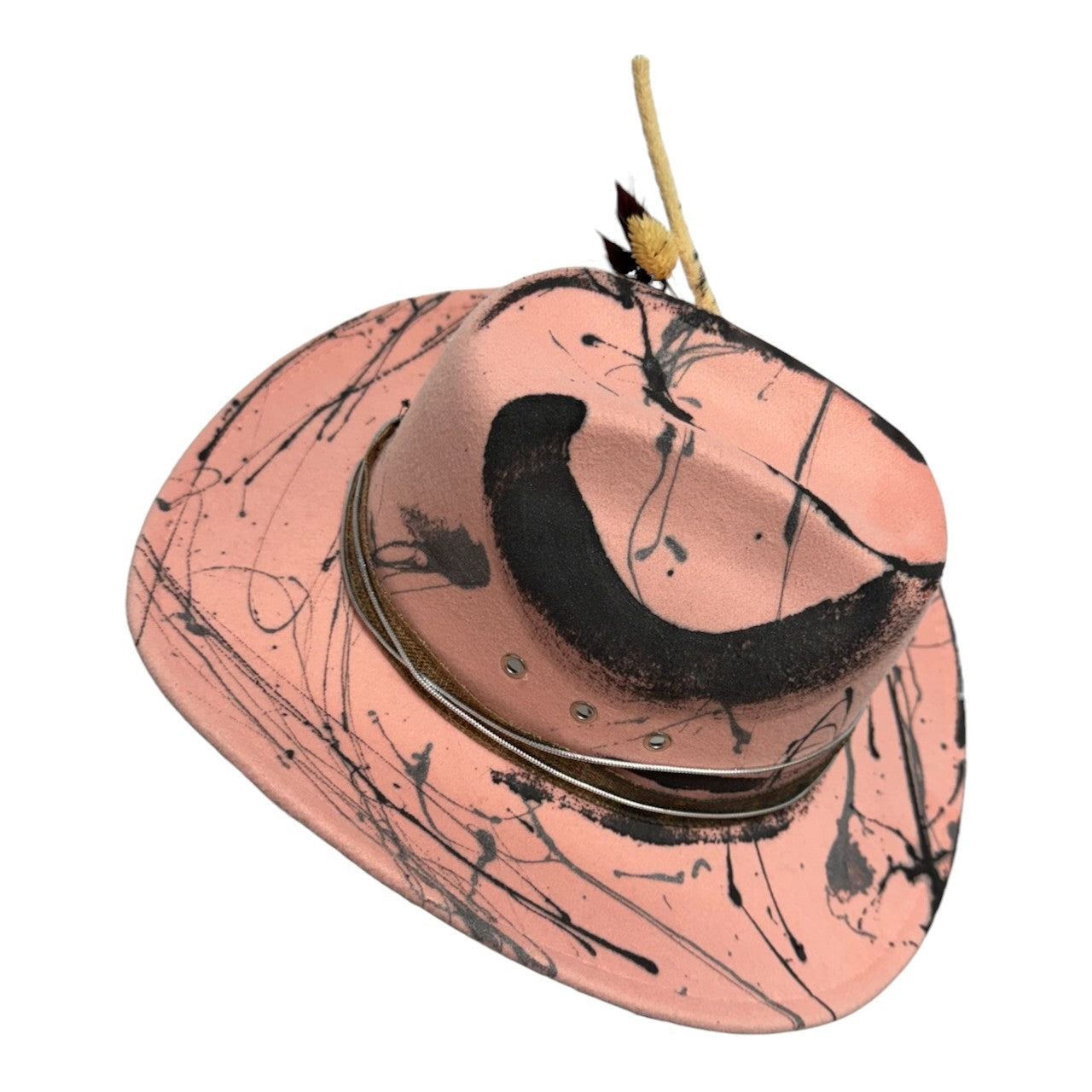 Palarie roz, stil cowboy, handmade, pictata si accesorizata manual, reglabila, Sunny