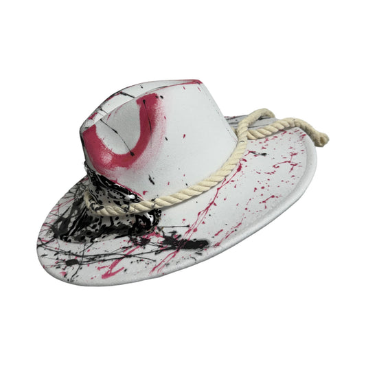 Palarie alba, cu bor lat, handmade, pictata si accesorizata manual, reglabila, Sydney