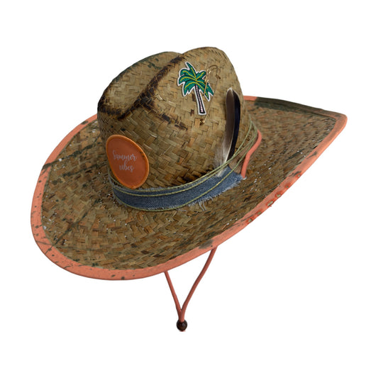 Palarie maro, stil cowboy, de paie, handmade, pictata si accesorizata manual, Mallorca