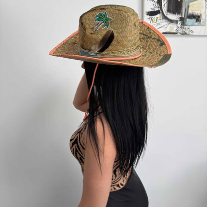 Palarie maro, stil cowboy, de paie, handmade, pictata si accesorizata manual, Mallorca