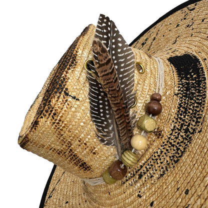 Palarie bej, cu bor mare, de paie, handmade, pictata si accesorizata manual, Bali