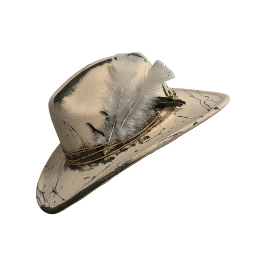 Palarie bej, stil cowboy, handmade, pictata si accesorizata manual, reglabila, Soria