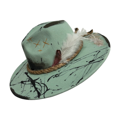 Palarie verde, cu bor lat, handmade, pictata si accesorizata manual, reglabila, Sonnia