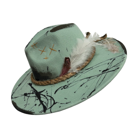 Palarie verde, cu bor lat, handmade, pictata si accesorizata manual, reglabila, Sonnia