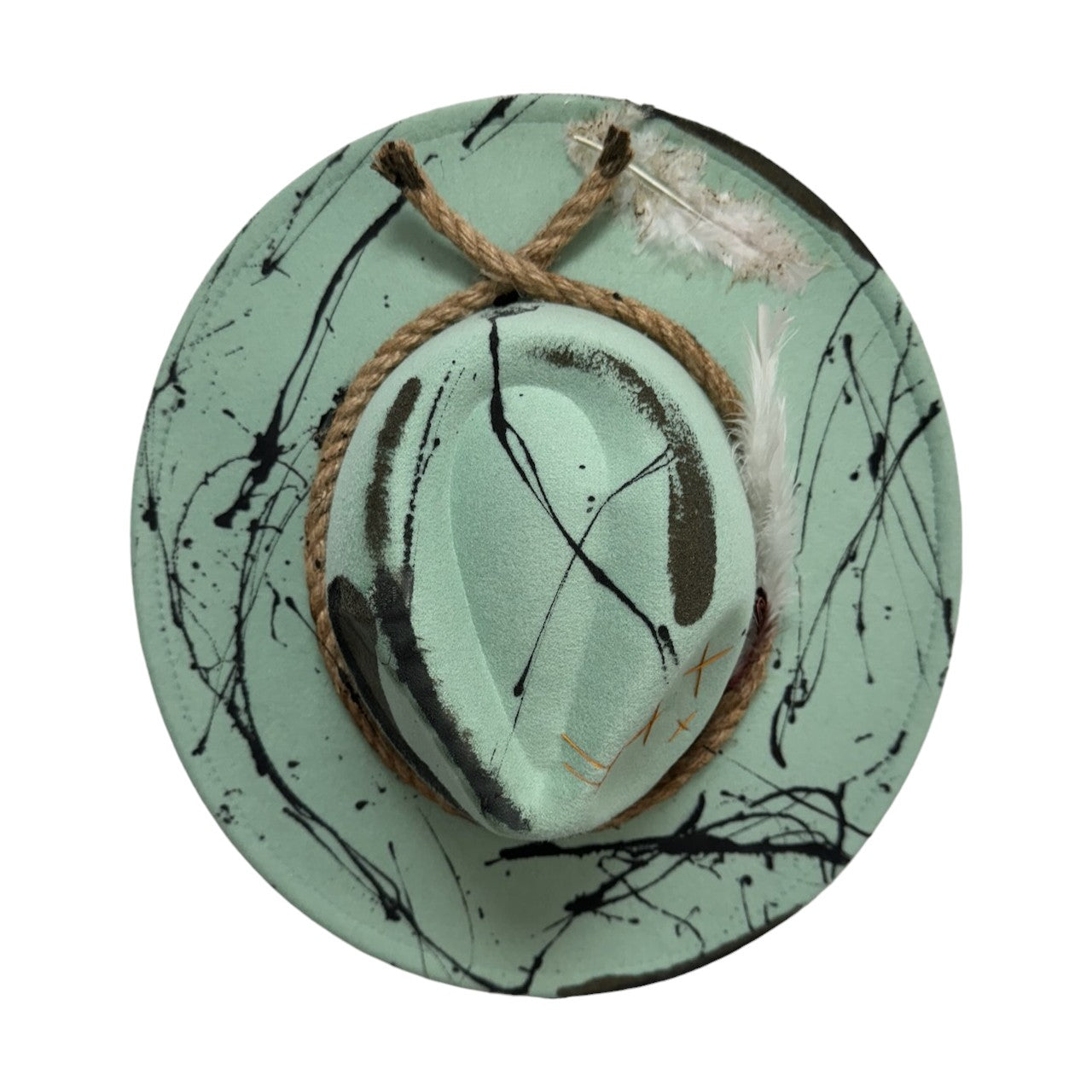 Palarie verde, cu bor lat, handmade, pictata si accesorizata manual, reglabila, Sonnia